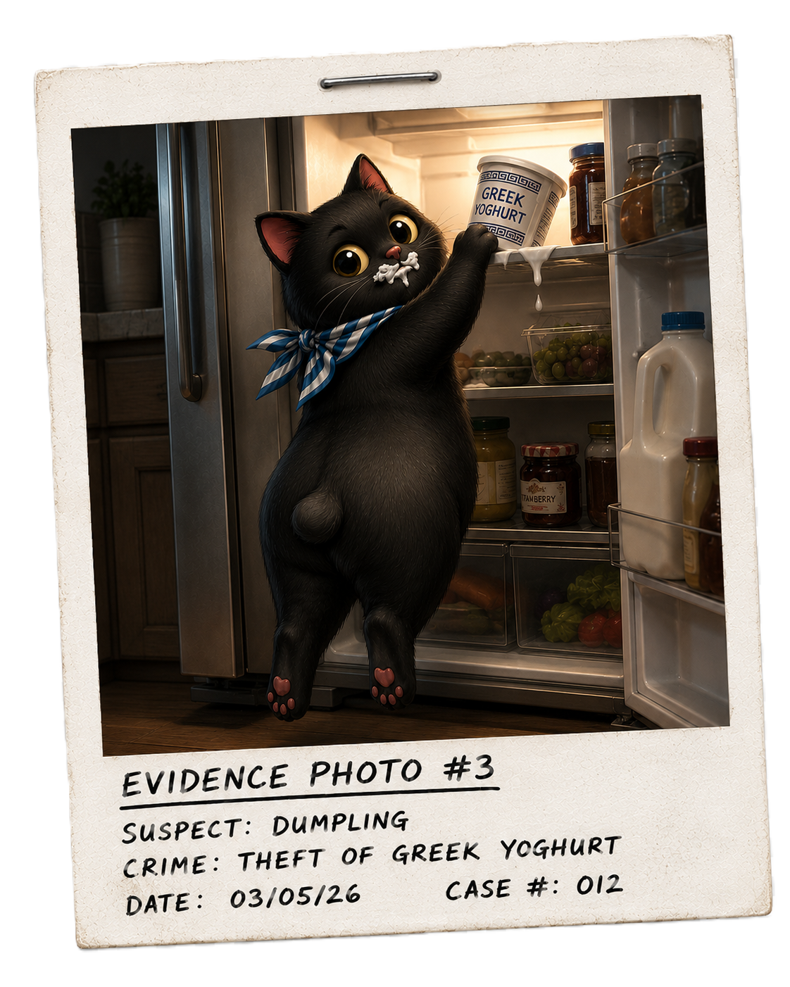 Dumpling stealing Greek yoghurt from an open refrigerator
