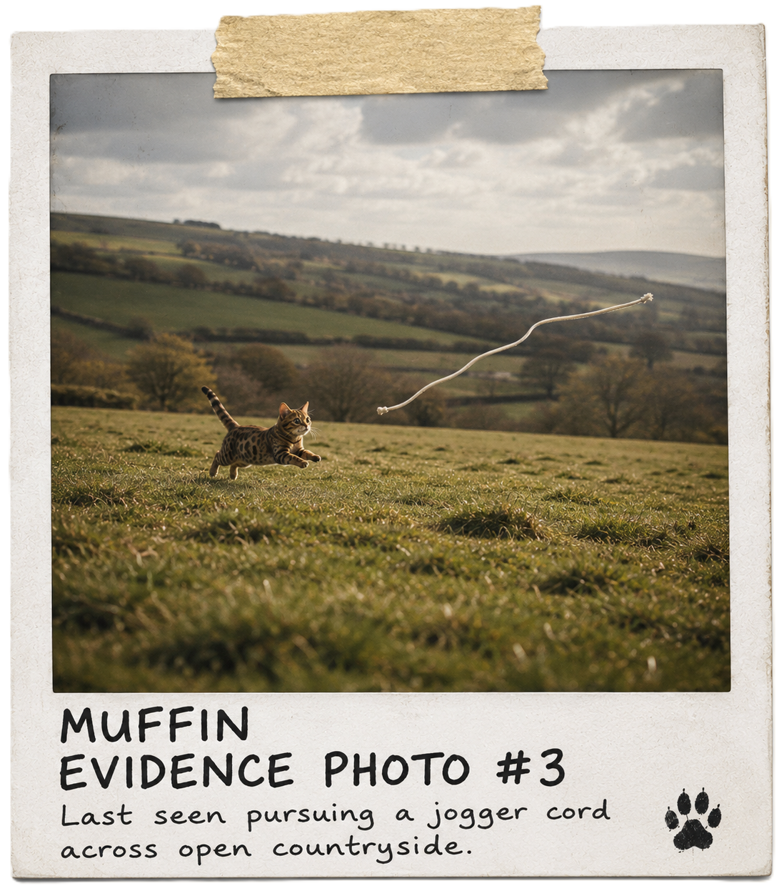 Muffin chasing a floating drawstring across an open field