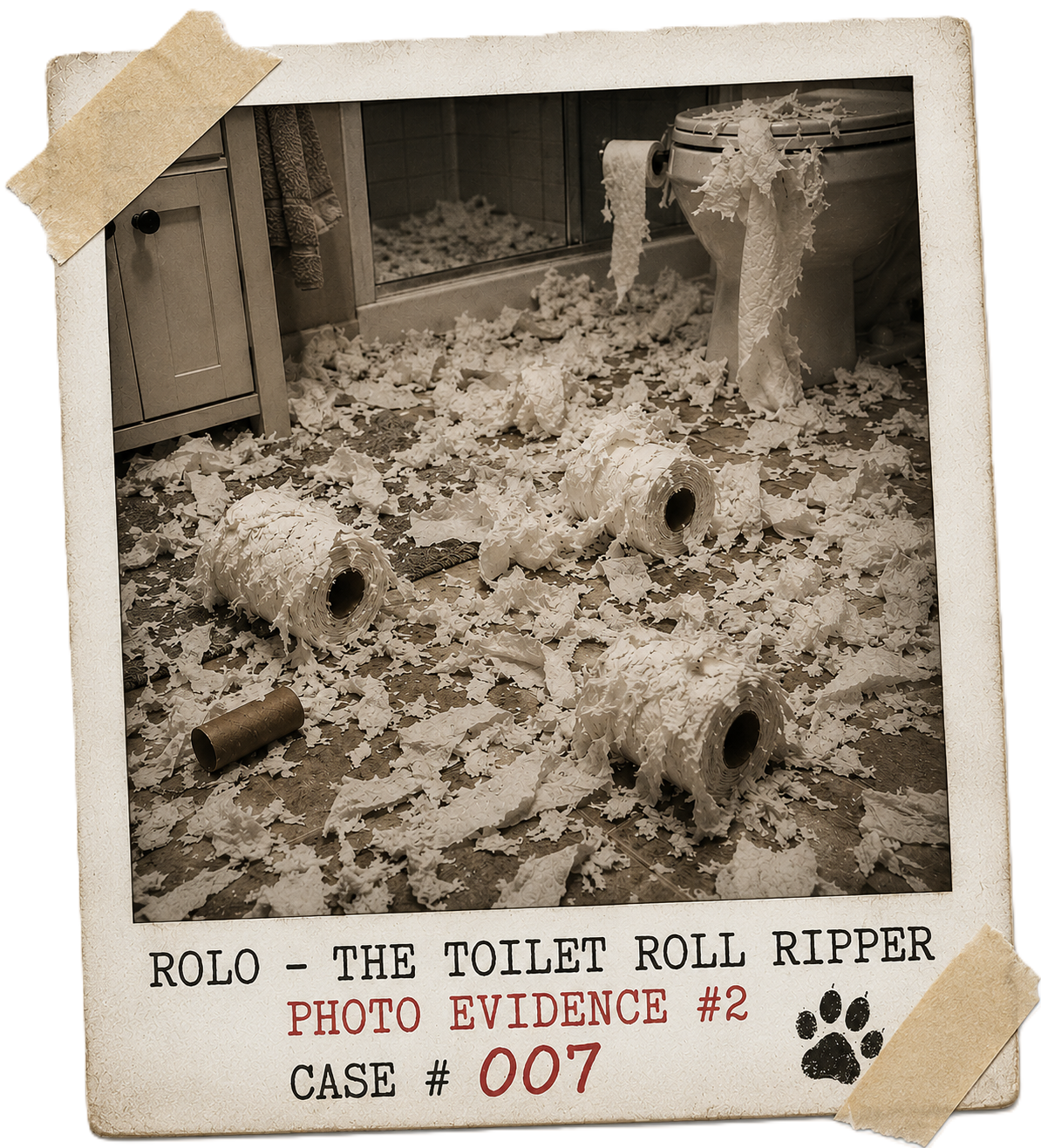 Rolo surrounded by shredded toilet rolls