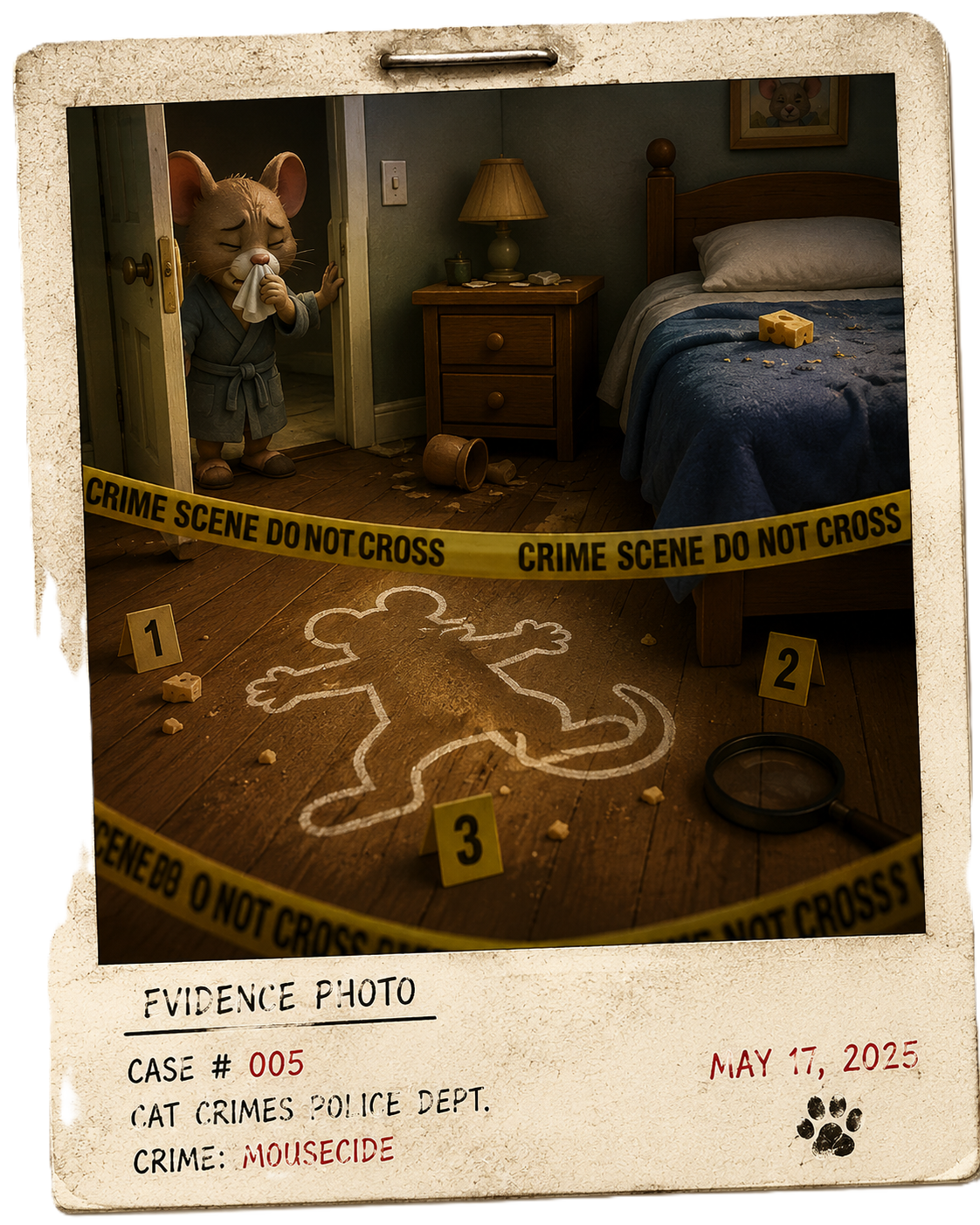 Evidence photograph showing the outline of a mouse at the crime scene