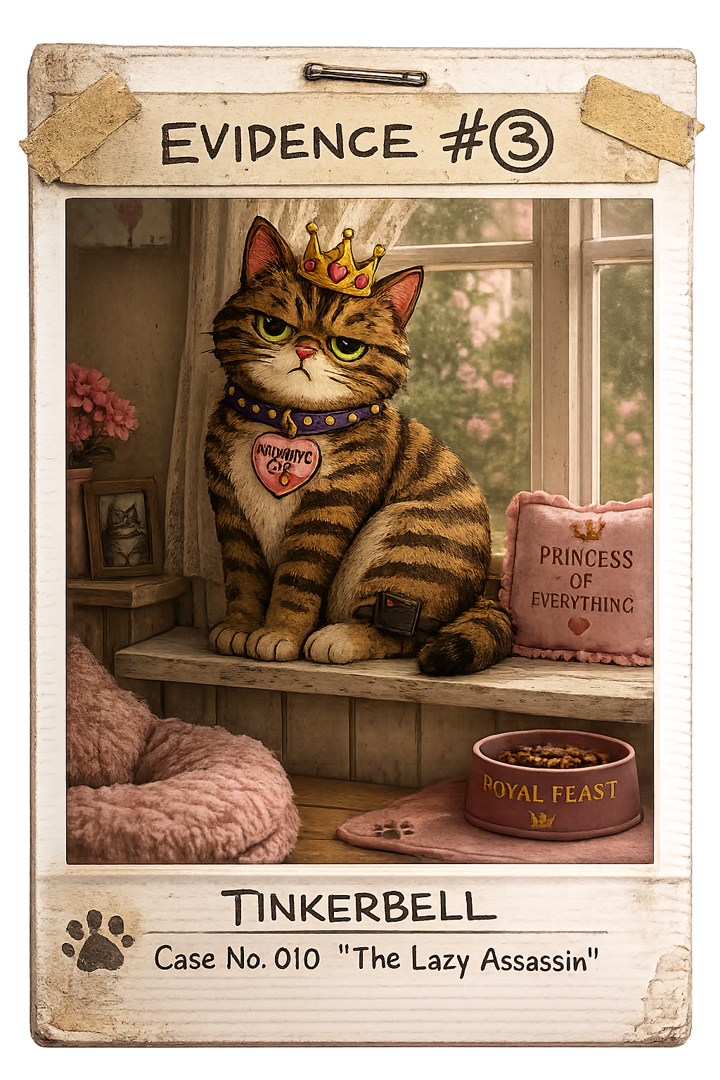 Tinkerbell sitting on a windowsill wearing her identification tag